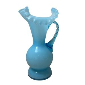 Vintage Fenton Blue Opalescent Glass Pitcher Vase Ruffled Rim Twisted Handle